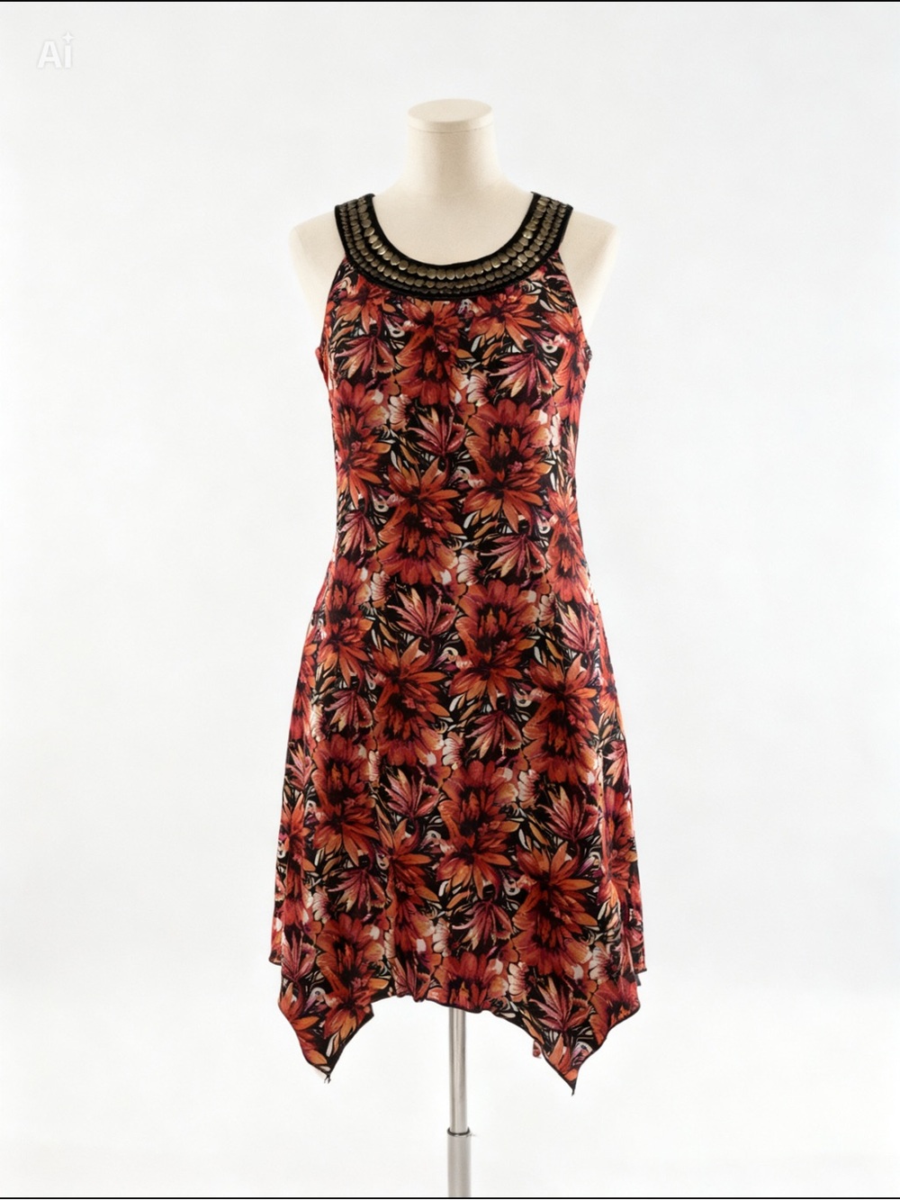 new directions Rust Floral Handkerchief-Hem Dress with Black Beaded Neckline